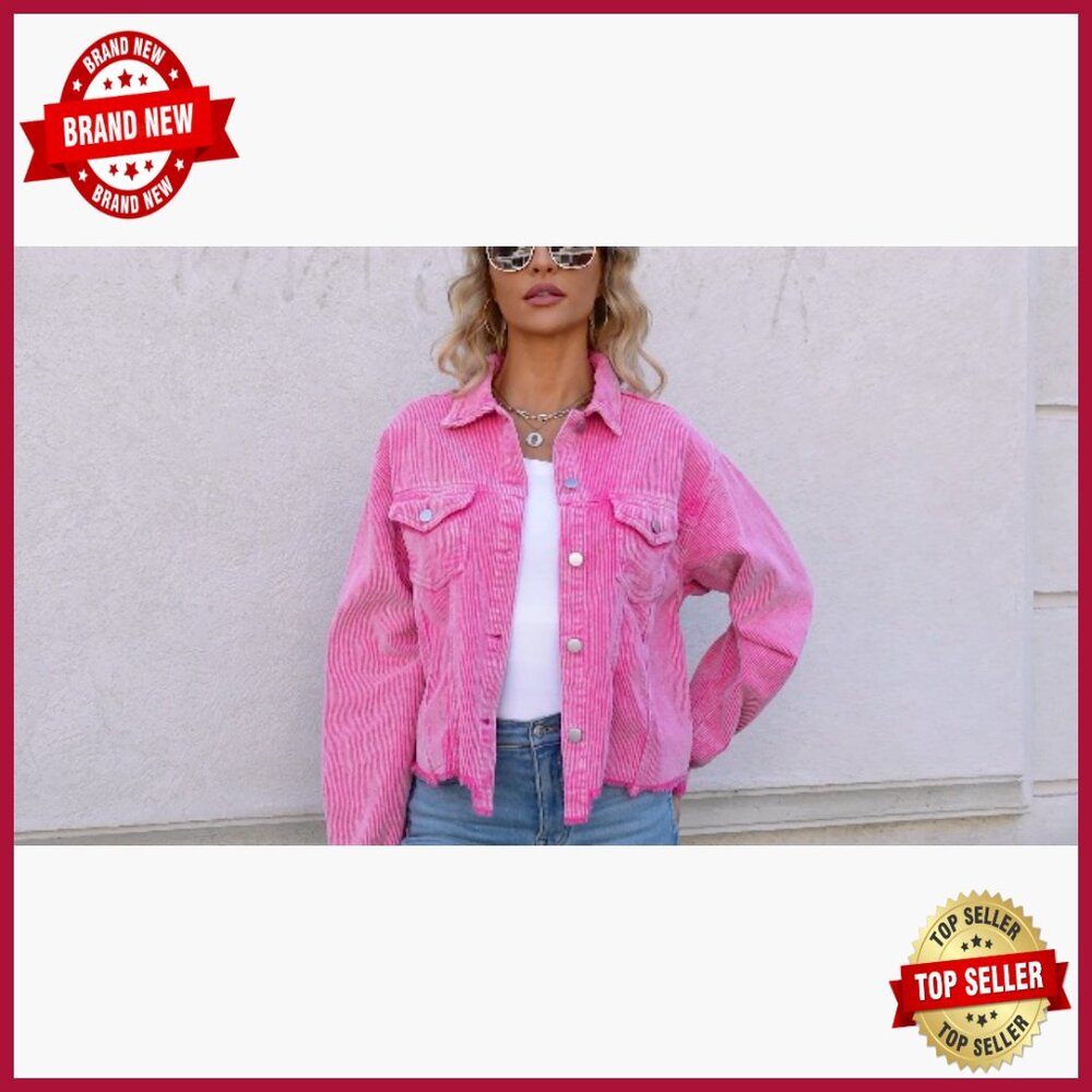 Cropped Corduroy Jacket Oversized Shacket Fringe Hem Casual Button Down - Picture 7 of 7